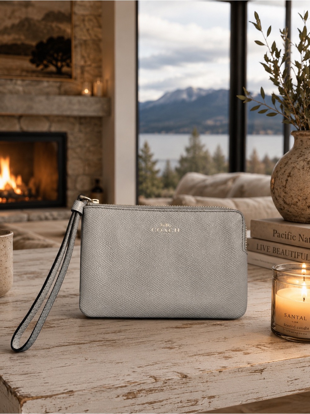 Coach Pebbled Leather Wristlet Pouch in Blue Grey